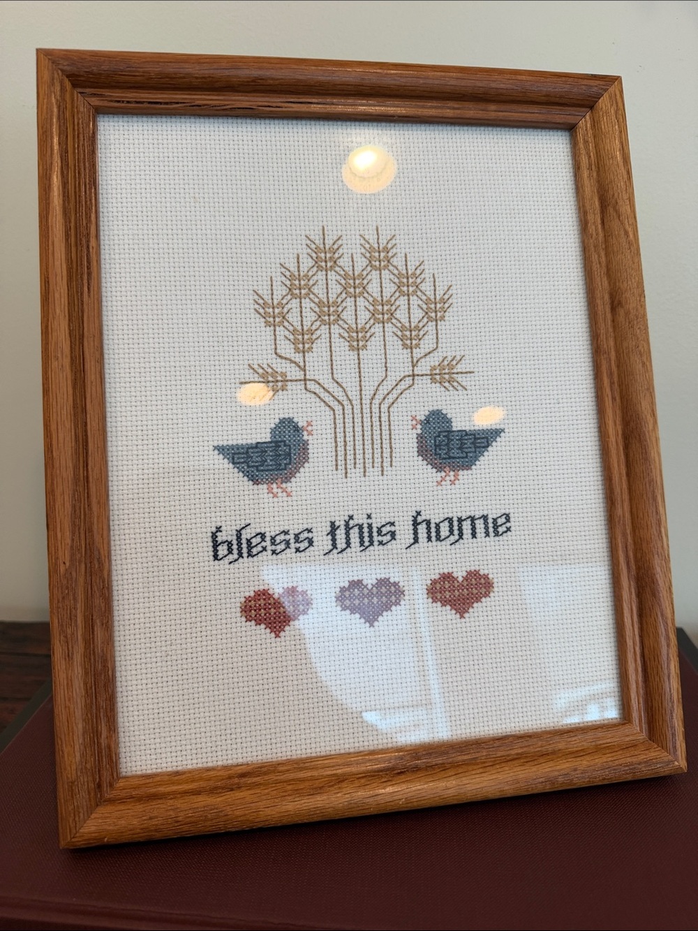 Handmade Bless This Home Framed Cross Stitch - Blue, Brown, Cream